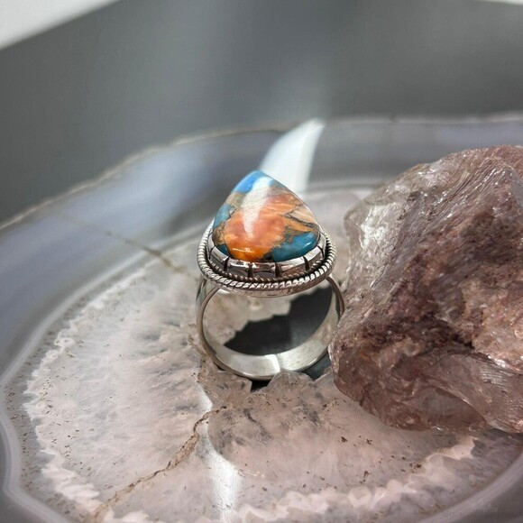 Sterling Southwestern Style Teardrop Turquoise Spiny Oyster Ring Sz 10 For Women - Picture 4 of 10